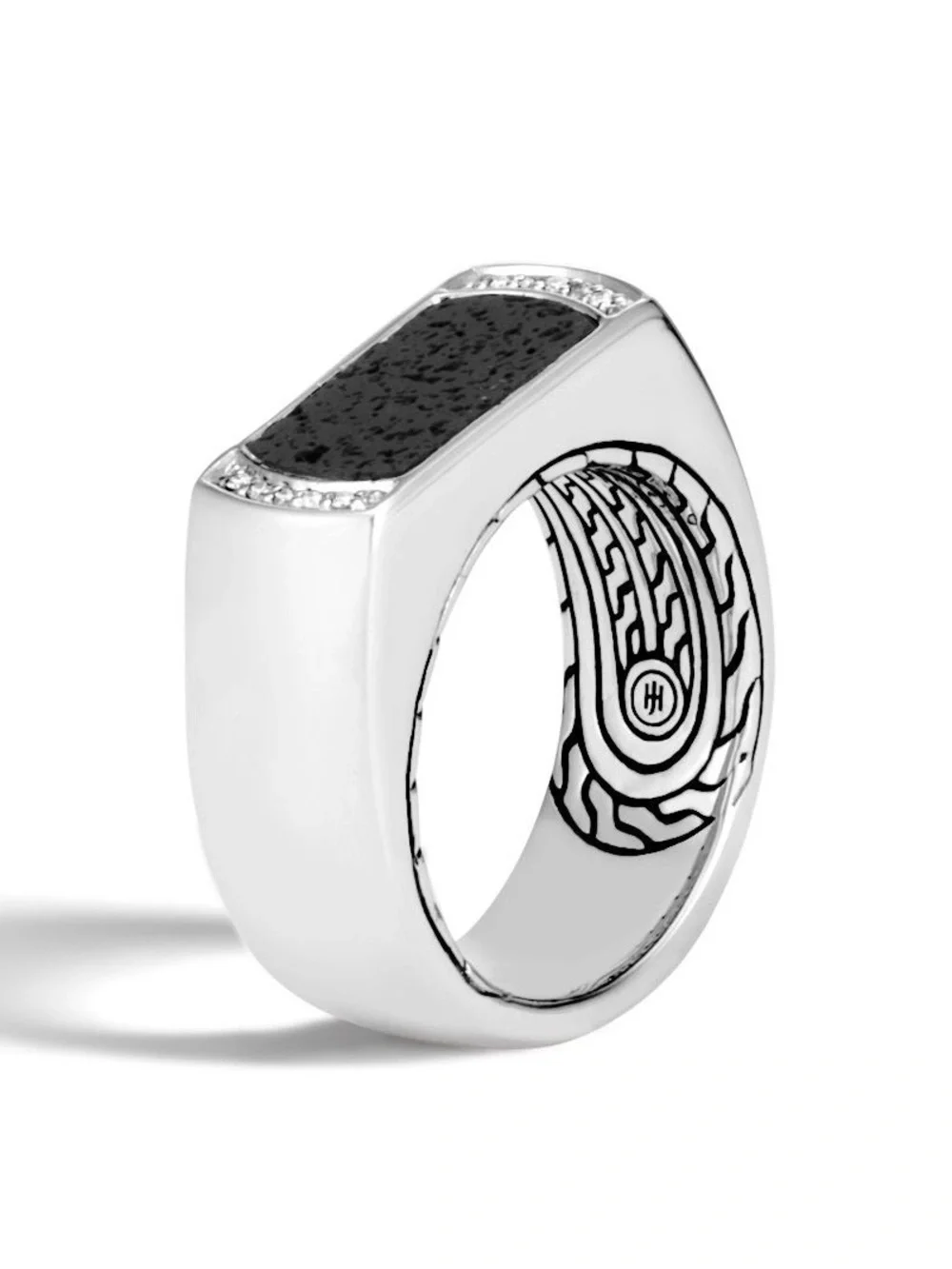 John Hardy Classic Chain Band Signet Ring with Black Volcanic and Diamonds Sz 10